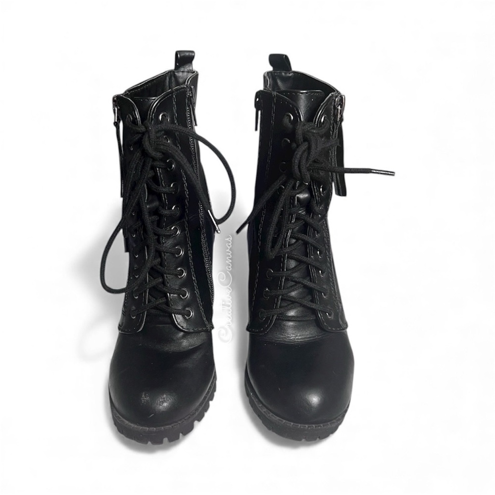 Soda Black Lace-Up Combat Heeled Boots